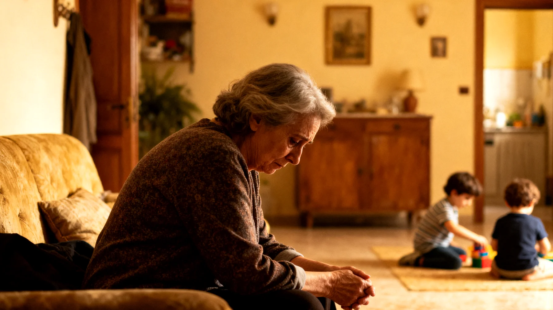 La nonna si sente in colpa perché, essendo spesso stanca o impegnata, non riesce a dedicare ai nipoti bambini tutto il tempo e le attenzioni che vorrebbe, temendo di non essere abbastanza presente e affettuosa per loro."