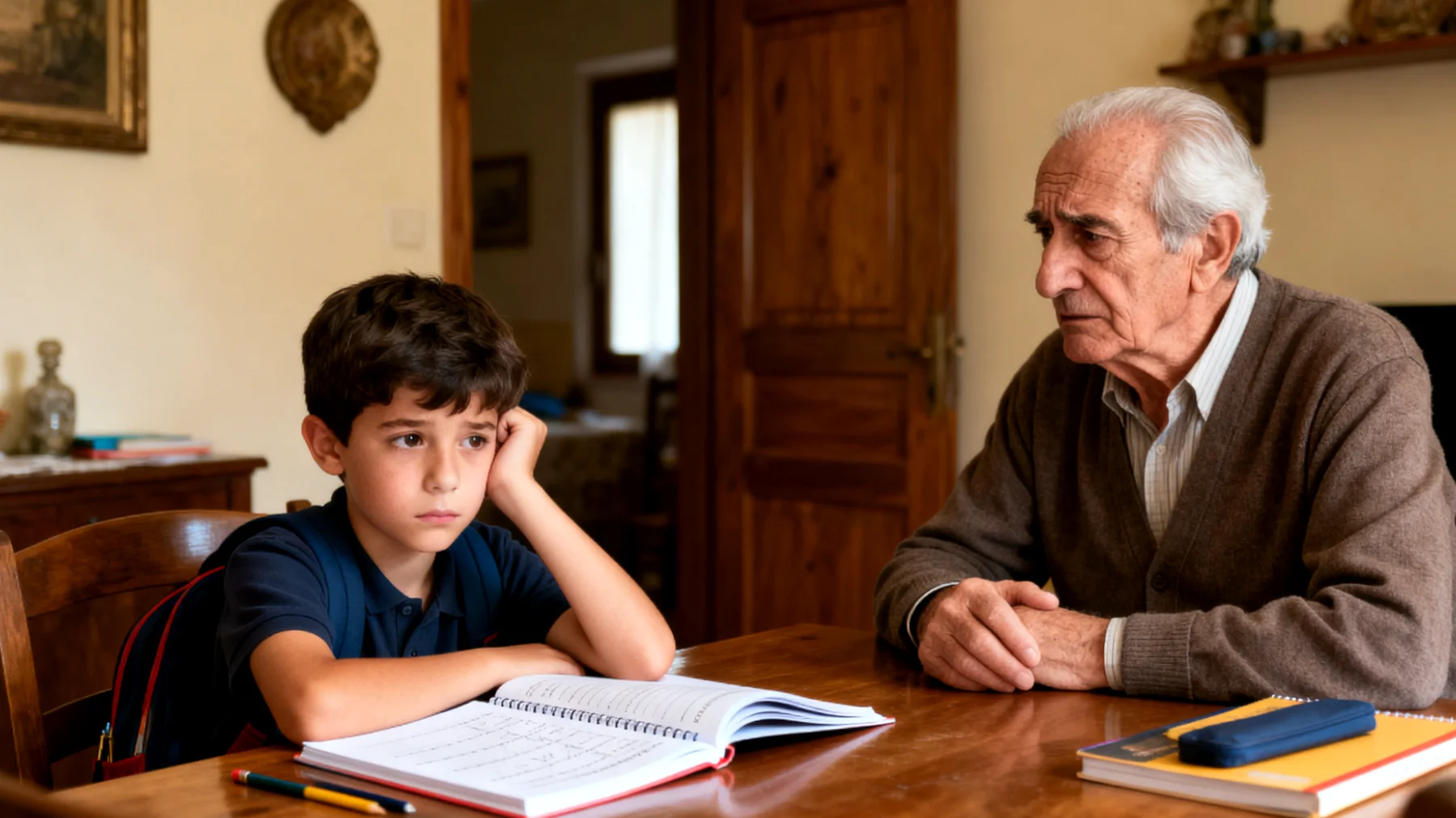 Il nonno osserva con preoccupazione che il nipotino, ancora alle scuole elementari, mostra scarso interesse per i compiti e le attività scolastiche. Il bambino preferisce giocare piuttosto che sedersi a studiare, e quando il nonno cerca di aiutarlo, lui si distrae facilmente, si lamenta e dice spesso 'non mi va' o 'è troppo difficile'. Il nonno non sa come stimolarlo senza forzarlo, temendo di rovinare il loro rapporto speciale."