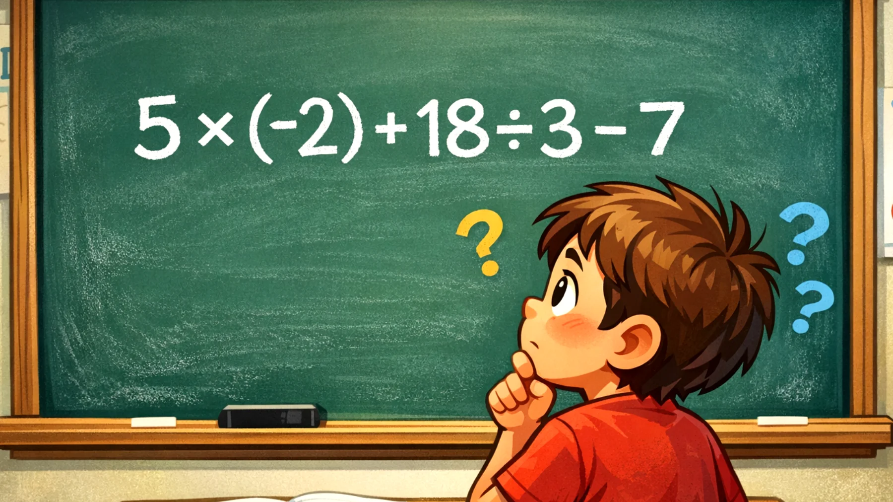 Solo i veri geni risolvono questo calcolo al volo: quanto fa 5×(-2)+18÷3−7?"