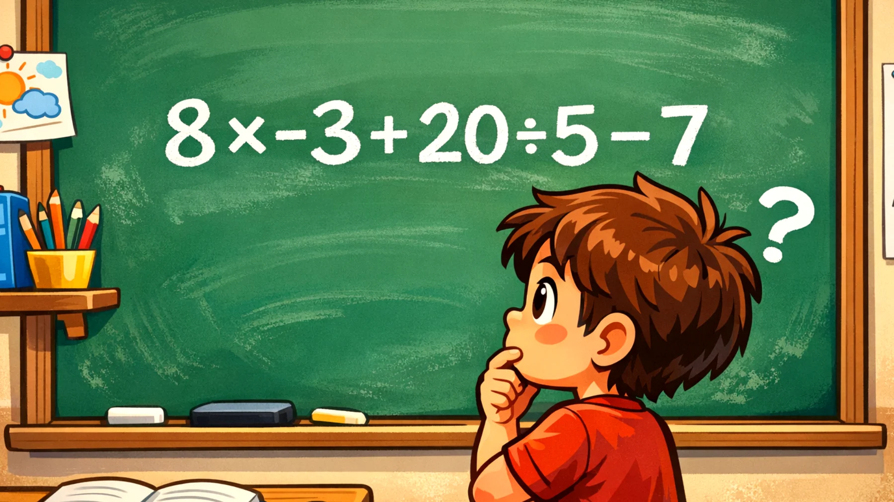 Solo i veri geni risolvono questo calcolo senza sbagliare: quanto fa 8 × -3 + 20 ÷ 5 - 7?"
